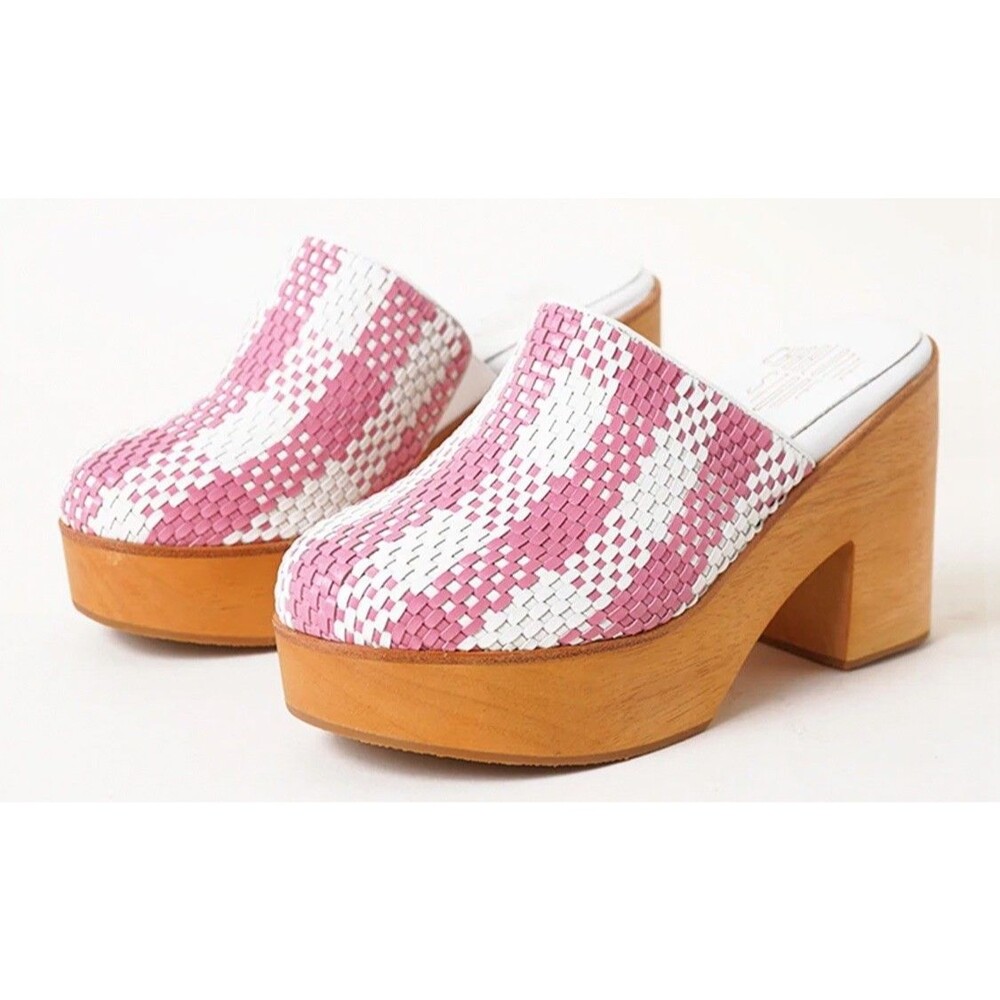 Charlotte Stone Mario Clogs Woven Mule Heels Pink White Wooden Platform Size 10